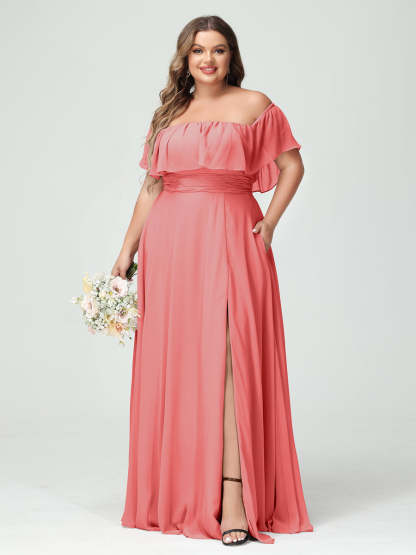 Plus Size Chiffon Bridesmaid Dress with Pockets, A-Line/Princess Cut, Off-the-Shoulder Short Sleeves & Side Split-BMbridal.UK