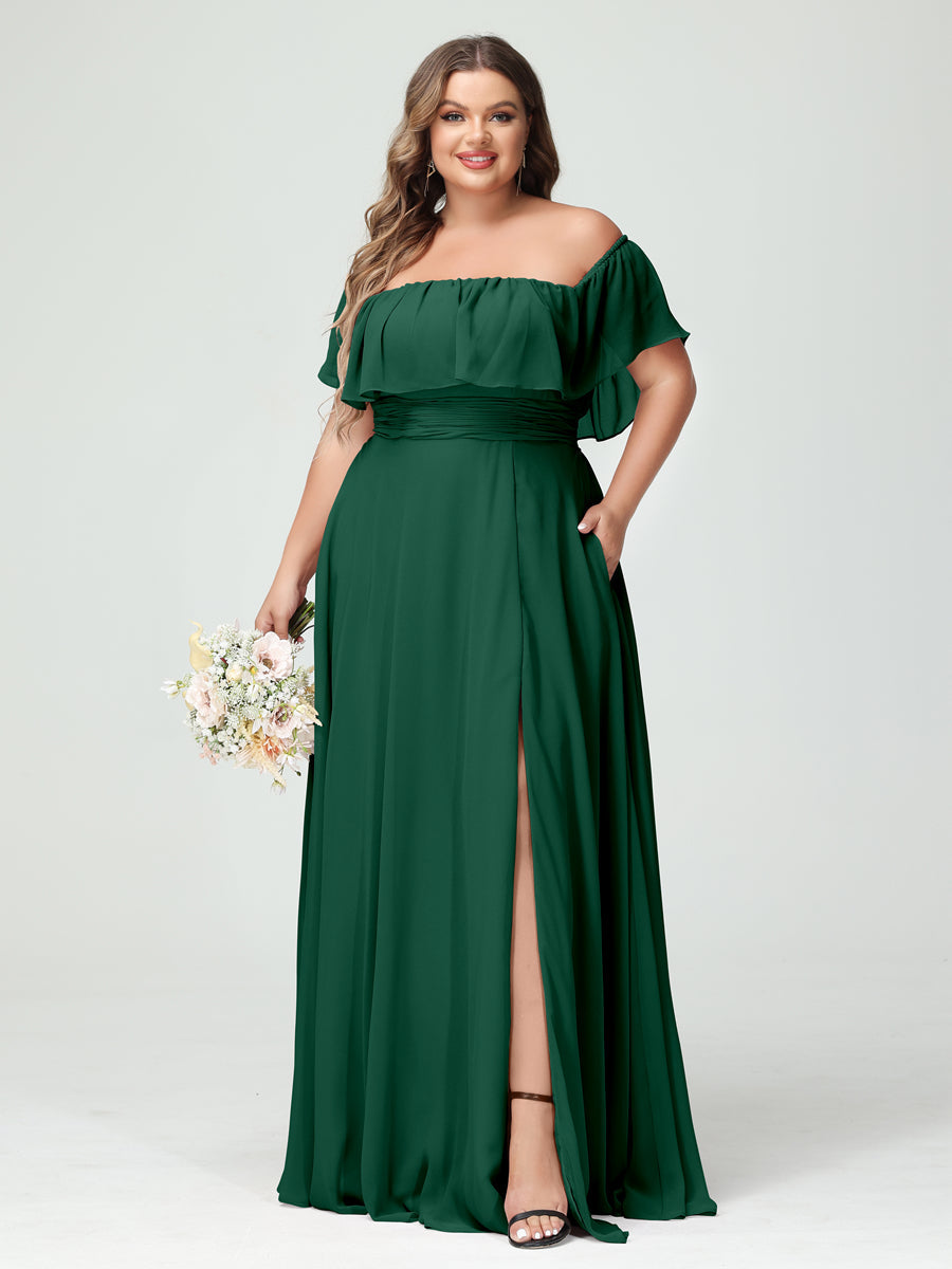 Plus Size Chiffon Bridesmaid Dress with Pockets, A-Line/Princess Cut, Off-the-Shoulder Short Sleeves & Side Split-BMbridal.UK