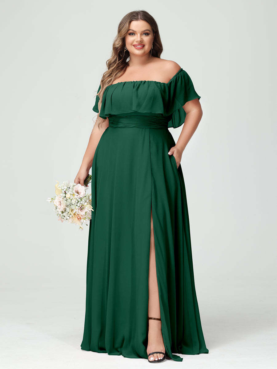 Plus Size Chiffon Bridesmaid Dress with Pockets, A-Line/Princess Cut, Off-the-Shoulder Short Sleeves & Side Split-BMbridal.UK