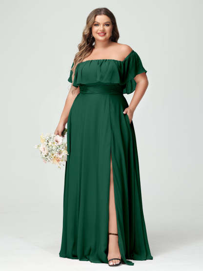 Plus Size Chiffon Bridesmaid Dress with Pockets, A-Line/Princess Cut, Off-the-Shoulder Short Sleeves & Side Split-BMbridal.UK