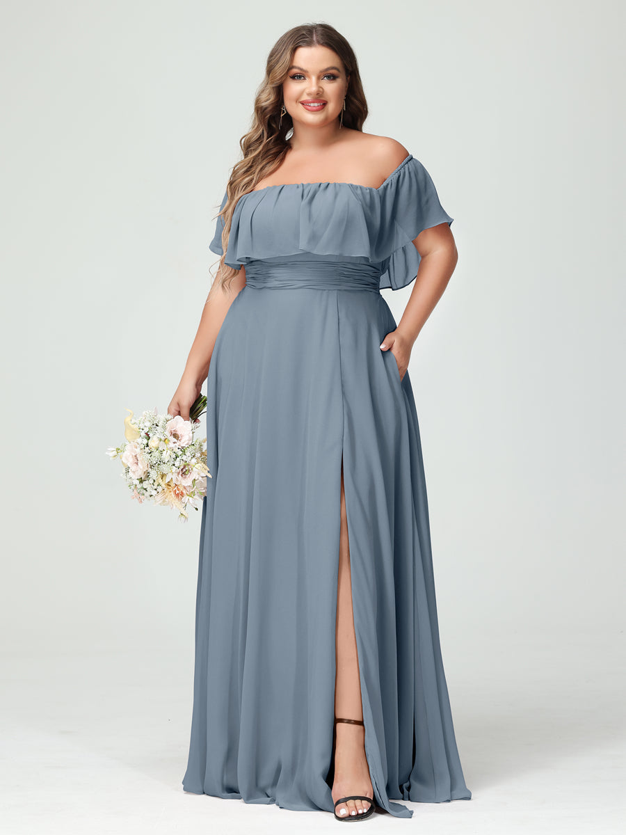 Plus Size Chiffon Bridesmaid Dress with Pockets, A-Line/Princess Cut, Off-the-Shoulder Short Sleeves & Side Split-BMbridal.UK