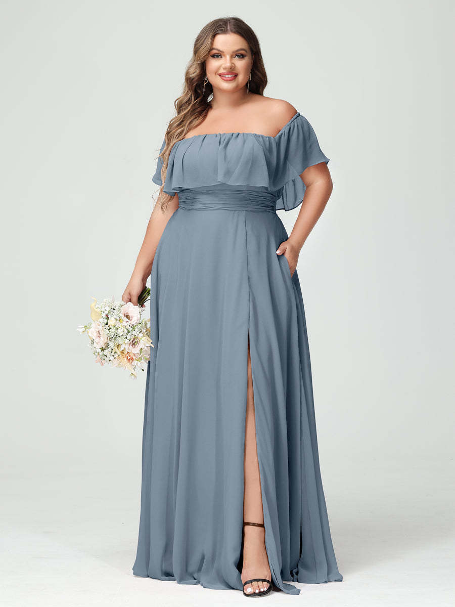 Plus Size Chiffon Bridesmaid Dress with Pockets, A-Line/Princess Cut, Off-the-Shoulder Short Sleeves & Side Split-BMbridal.UK