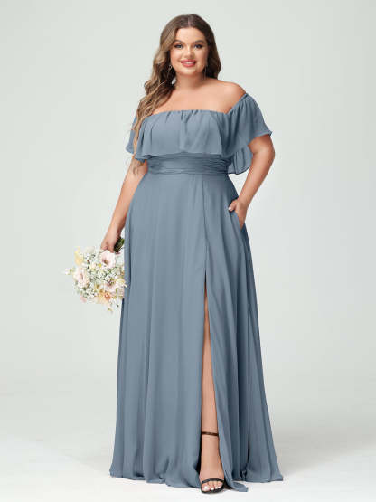 Plus Size Chiffon Bridesmaid Dress with Pockets, A-Line/Princess Cut, Off-the-Shoulder Short Sleeves & Side Split-BMbridal.UK