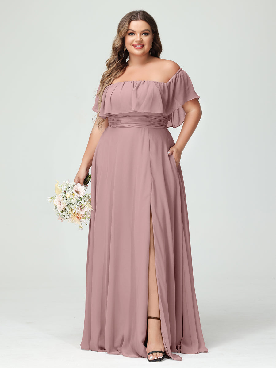 Plus Size Chiffon Bridesmaid Dress with Pockets, A-Line/Princess Cut, Off-the-Shoulder Short Sleeves & Side Split-BMbridal.UK
