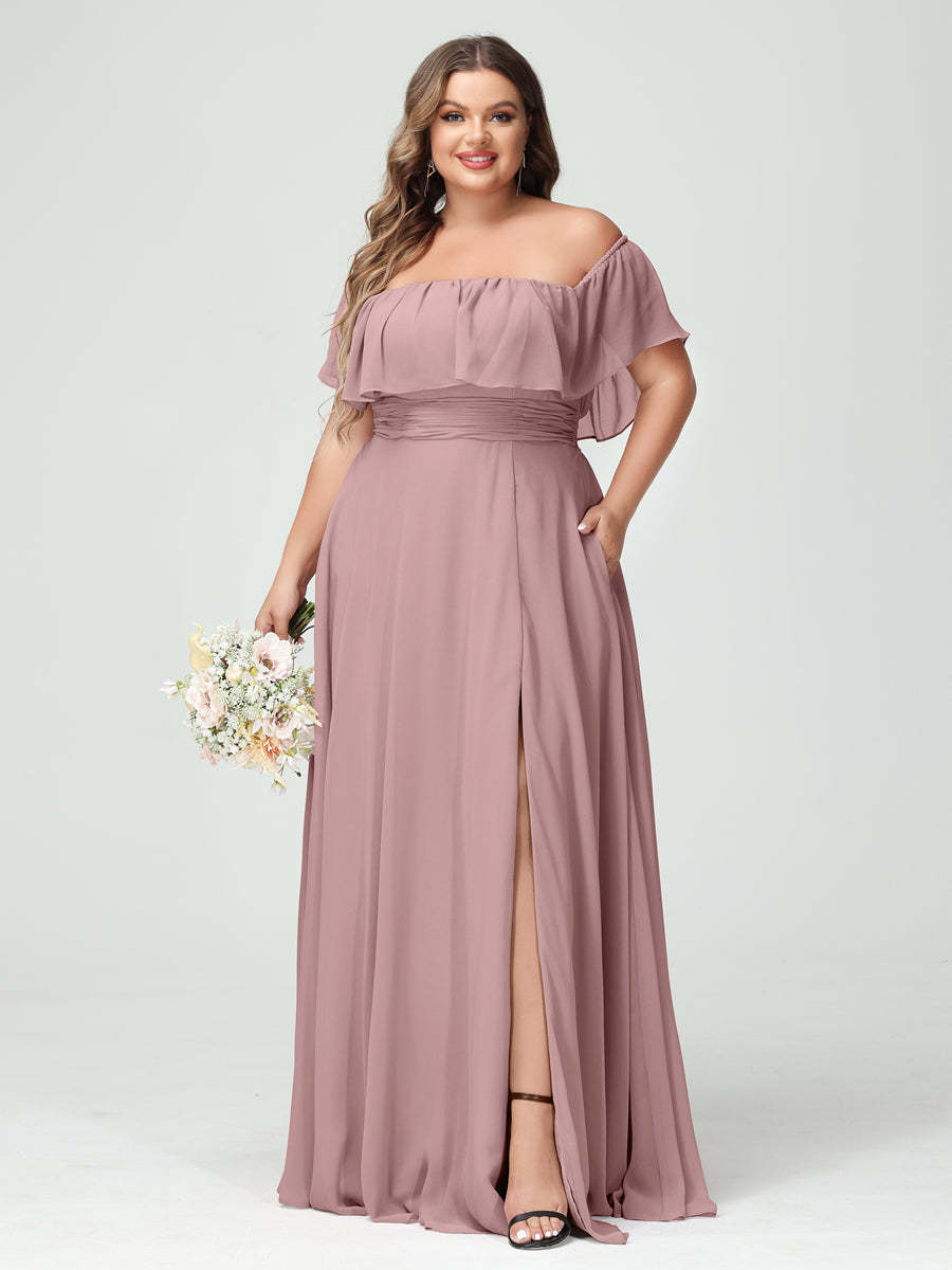 Plus Size Chiffon Bridesmaid Dress with Pockets, A-Line/Princess Cut, Off-the-Shoulder Short Sleeves & Side Split-BMbridal.UK
