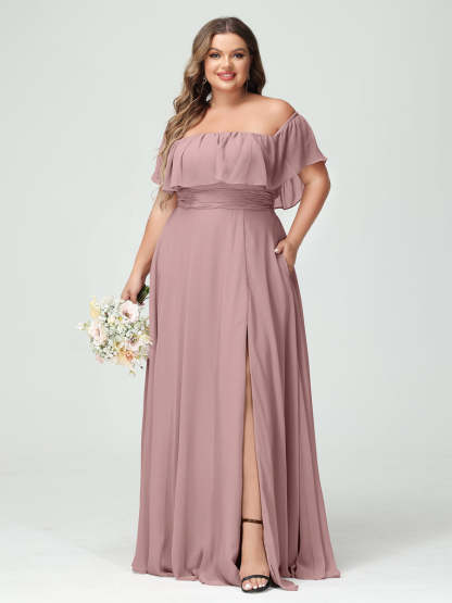 Plus Size Chiffon Bridesmaid Dress with Pockets, A-Line/Princess Cut, Off-the-Shoulder Short Sleeves & Side Split-BMbridal.UK
