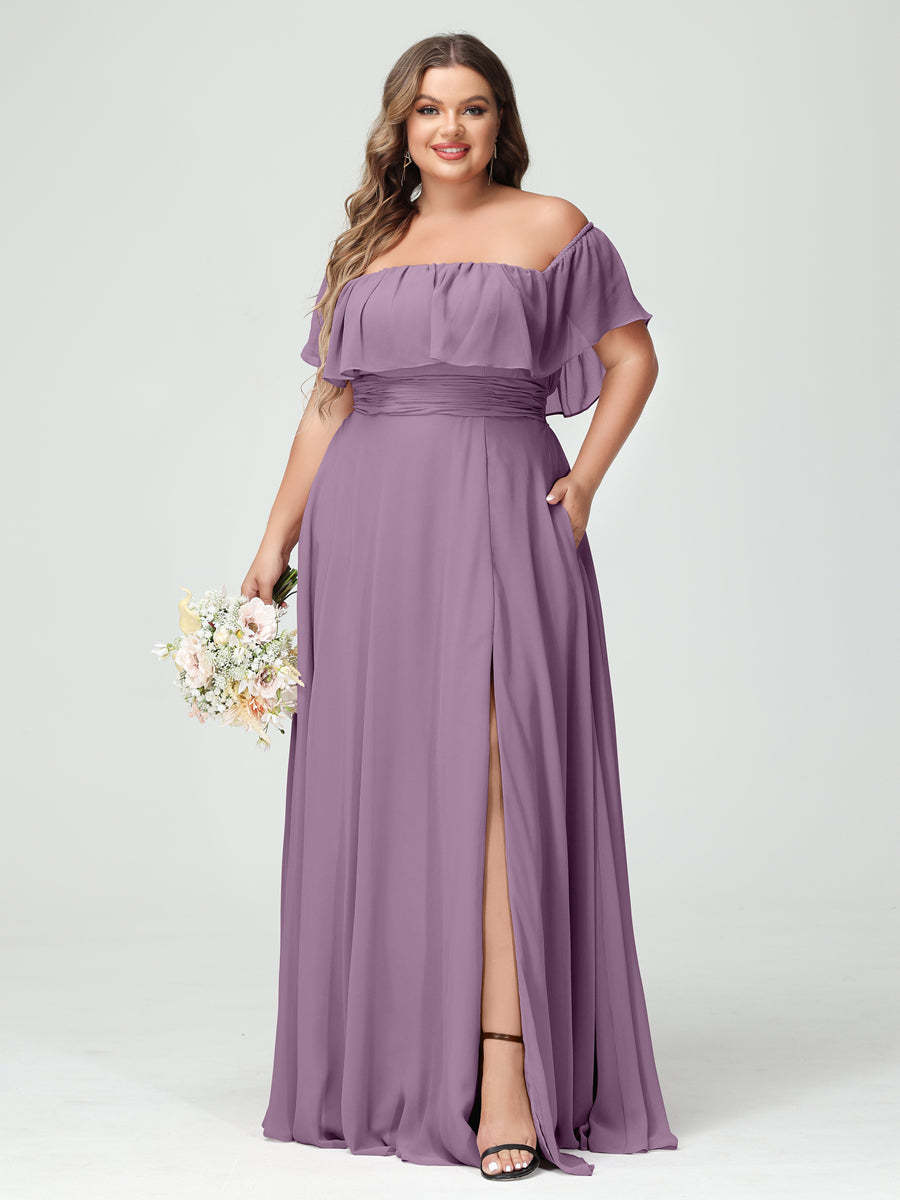 Plus Size Chiffon Bridesmaid Dress with Pockets, A-Line/Princess Cut, Off-the-Shoulder Short Sleeves & Side Split-BMbridal.UK