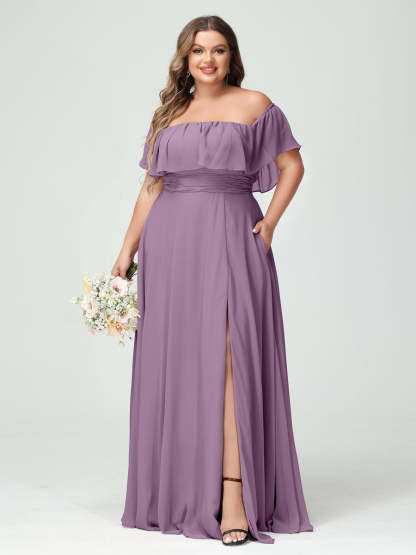 Plus Size Chiffon Bridesmaid Dress with Pockets, A-Line/Princess Cut, Off-the-Shoulder Short Sleeves & Side Split-BMbridal.UK