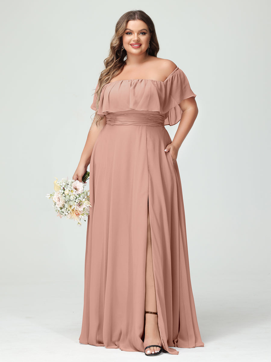 Plus Size Chiffon Bridesmaid Dress with Pockets, A-Line/Princess Cut, Off-the-Shoulder Short Sleeves & Side Split-BMbridal.UK