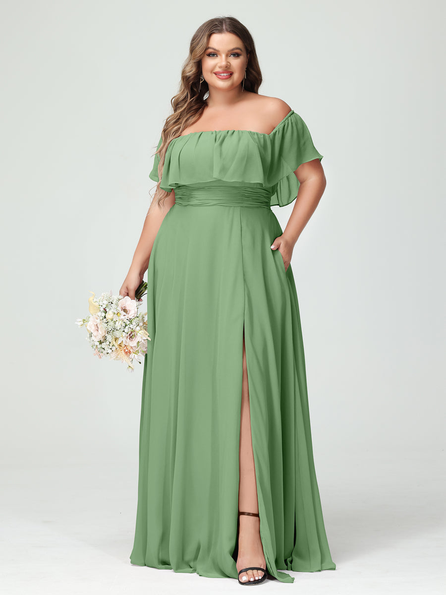 Plus Size Chiffon Bridesmaid Dress with Pockets, A-Line/Princess Cut, Off-the-Shoulder Short Sleeves & Side Split-BMbridal.UK
