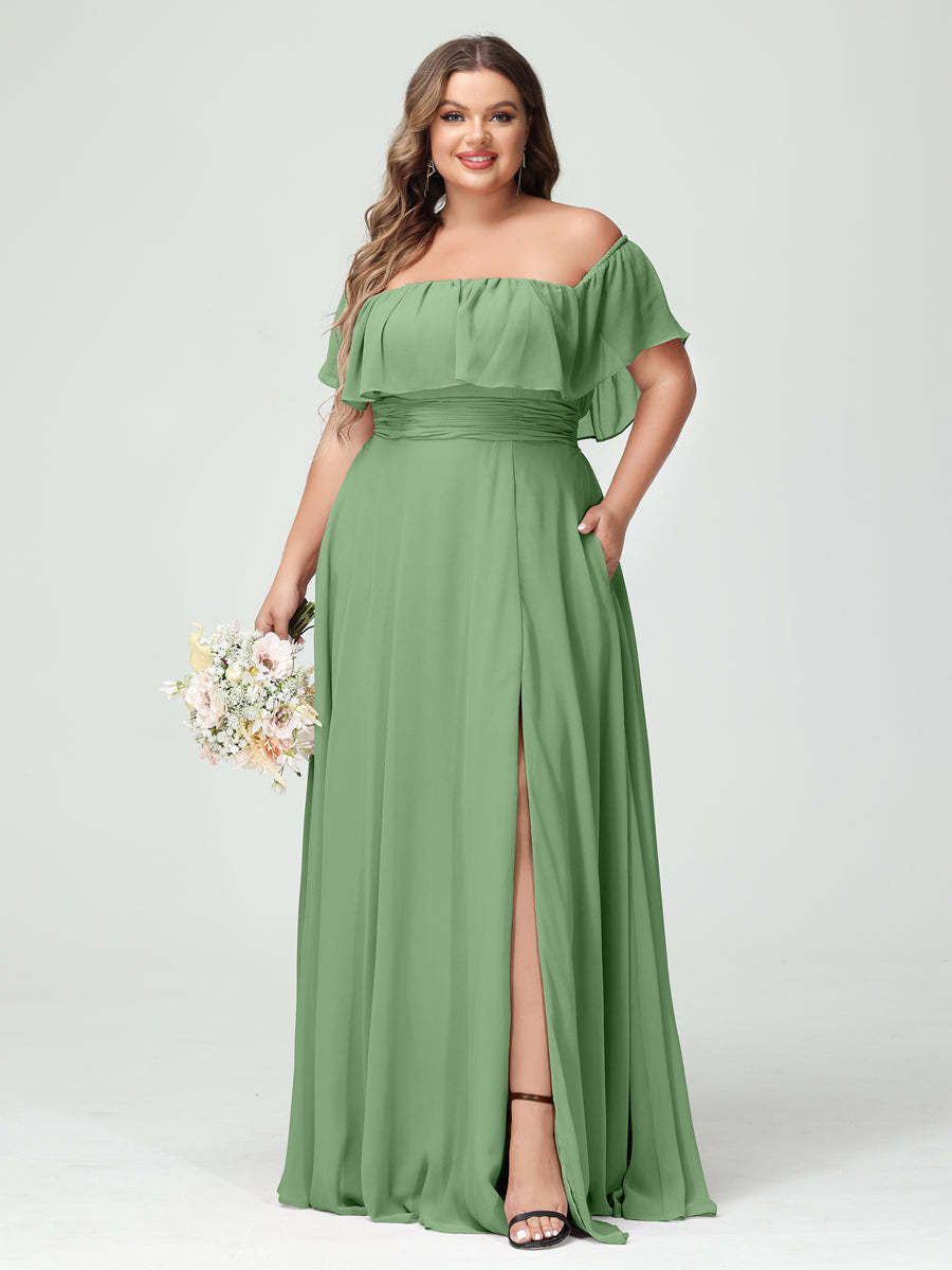 Plus Size Chiffon Bridesmaid Dress with Pockets, A-Line/Princess Cut, Off-the-Shoulder Short Sleeves & Side Split-BMbridal.UK