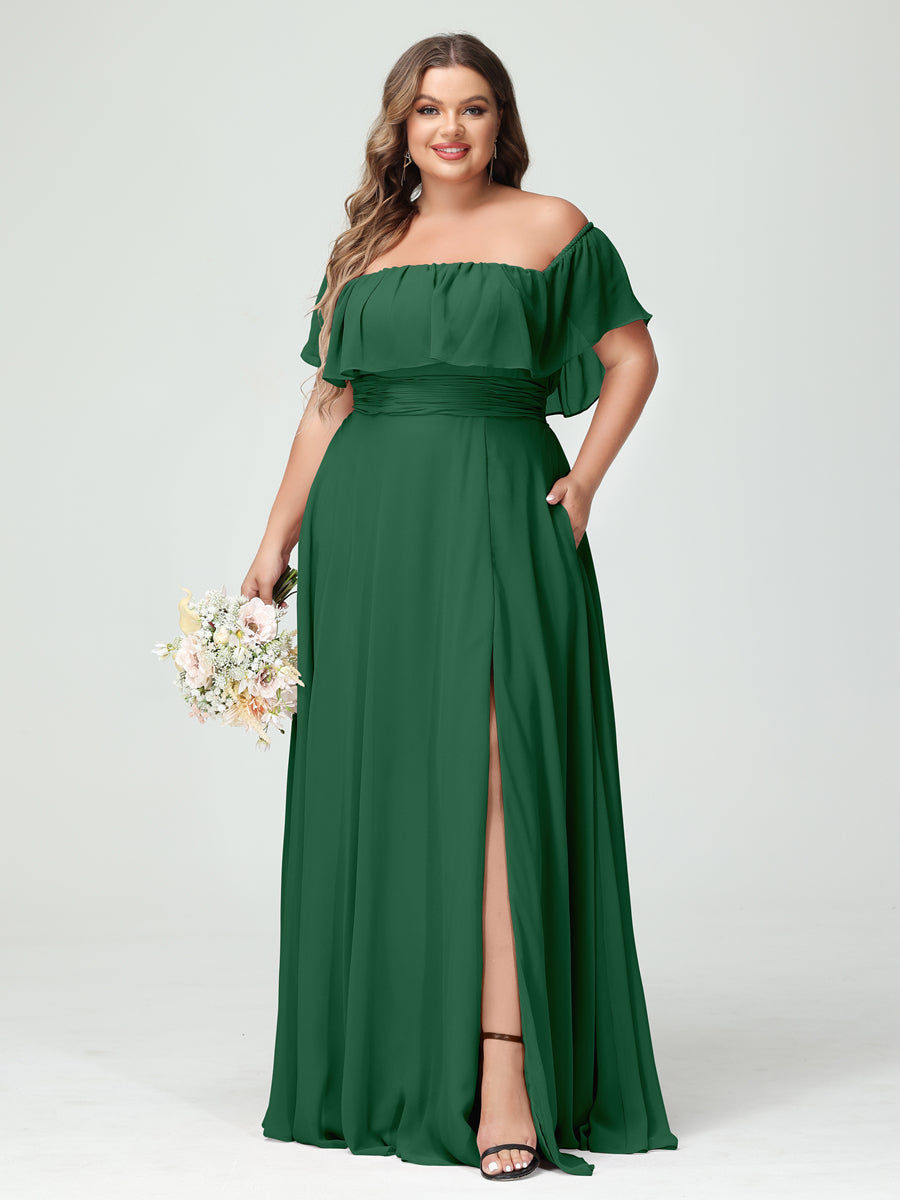 Plus Size Chiffon Bridesmaid Dress with Pockets, A-Line/Princess Cut, Off-the-Shoulder Short Sleeves & Side Split-BMbridal.UK