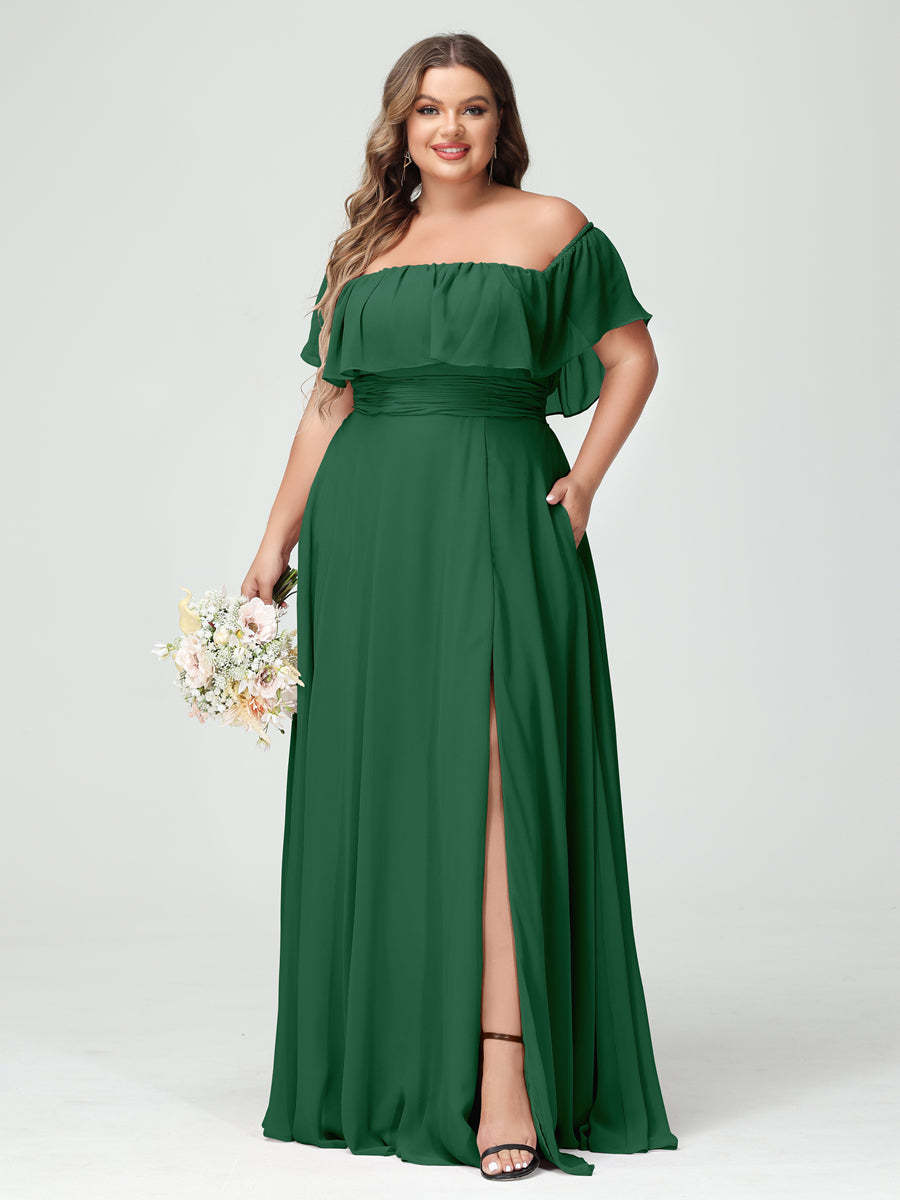Plus Size Chiffon Bridesmaid Dress with Pockets, A-Line/Princess Cut, Off-the-Shoulder Short Sleeves & Side Split-BMbridal.UK