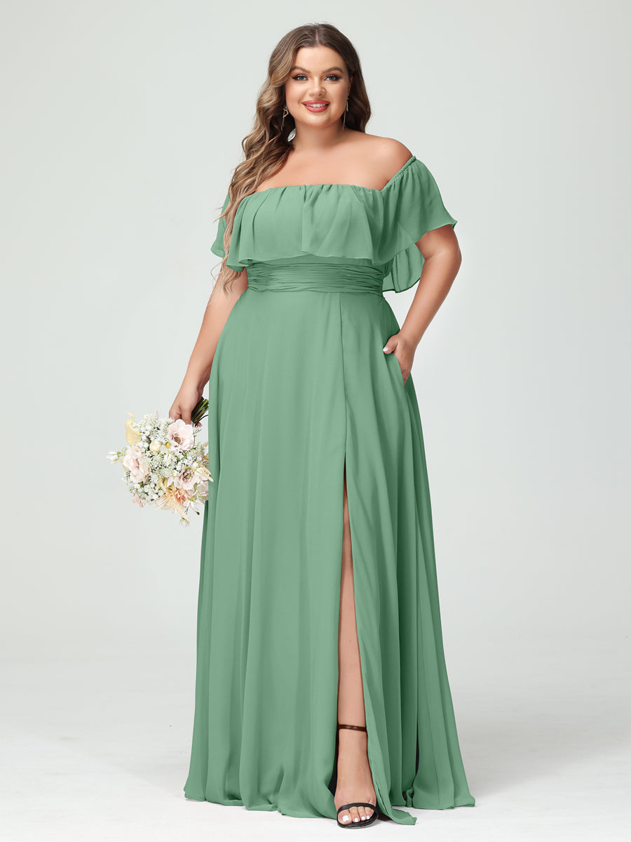 Plus Size Chiffon Bridesmaid Dress with Pockets, A-Line/Princess Cut, Off-the-Shoulder Short Sleeves & Side Split-BMbridal.UK