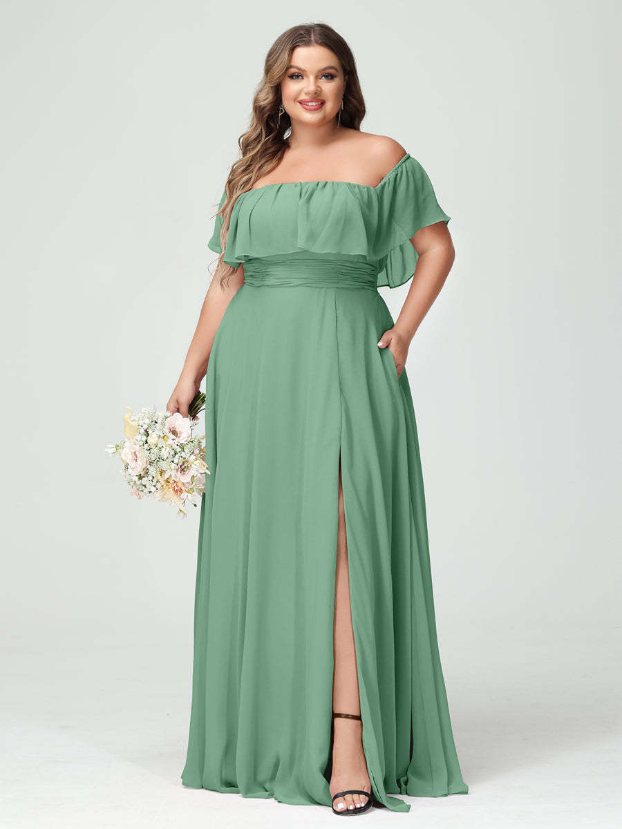 Plus Size Chiffon Bridesmaid Dress with Pockets, A-Line/Princess Cut, Off-the-Shoulder Short Sleeves & Side Split-BMbridal.UK