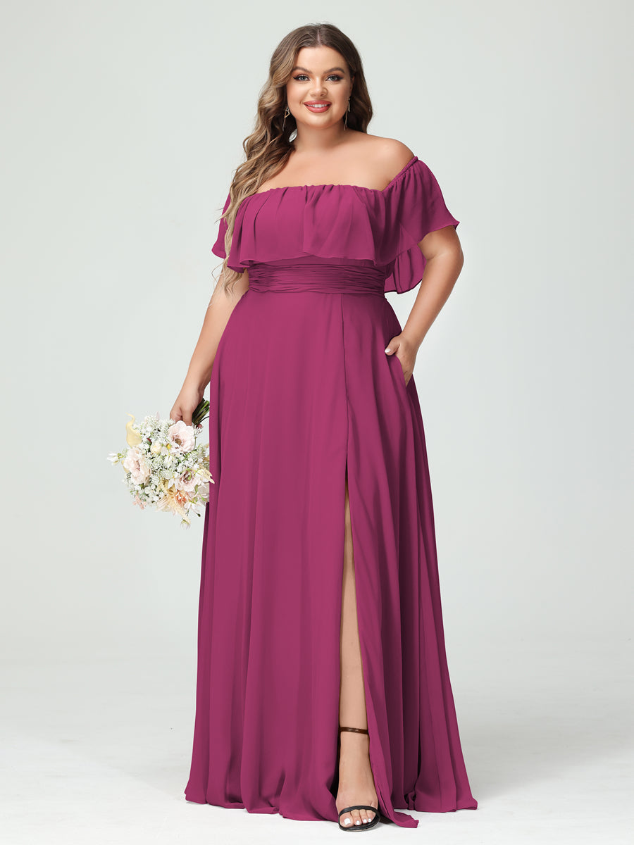 Plus Size Chiffon Bridesmaid Dress with Pockets, A-Line/Princess Cut, Off-the-Shoulder Short Sleeves & Side Split-BMbridal.UK