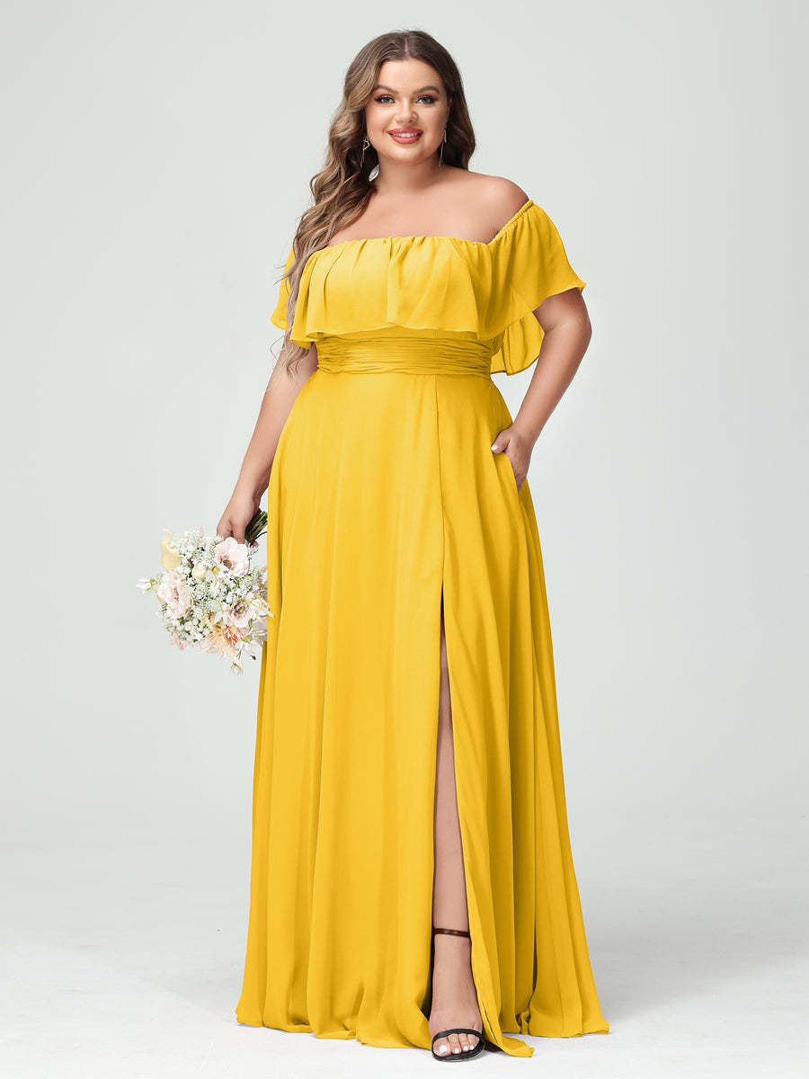 Plus Size Chiffon Bridesmaid Dress with Pockets, A-Line/Princess Cut, Off-the-Shoulder Short Sleeves & Side Split-BMbridal.UK