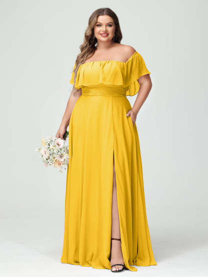 Plus Size Chiffon Bridesmaid Dress with Pockets, A-Line/Princess Cut, Off-the-Shoulder Short Sleeves & Side Split-BMbridal.UK