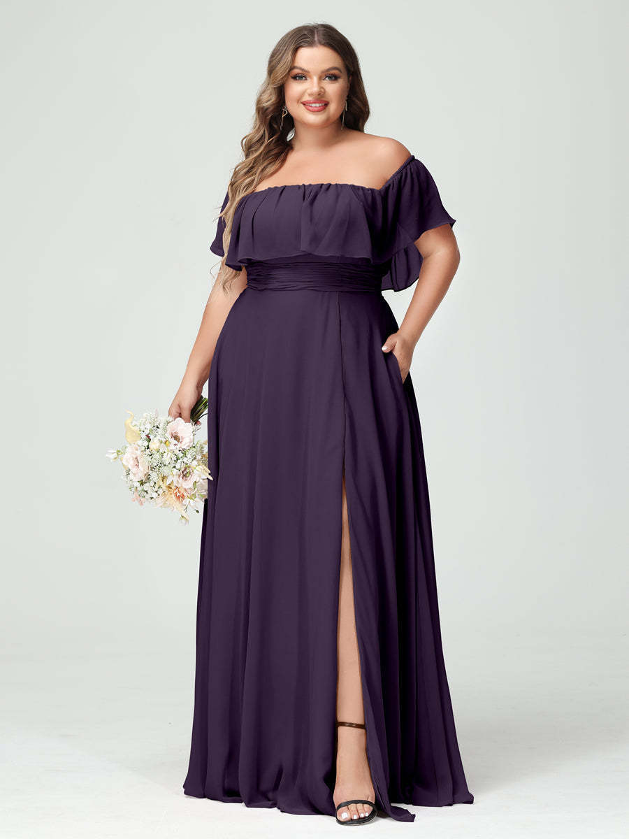 Plus Size Chiffon Bridesmaid Dress with Pockets, A-Line/Princess Cut, Off-the-Shoulder Short Sleeves & Side Split-BMbridal.UK
