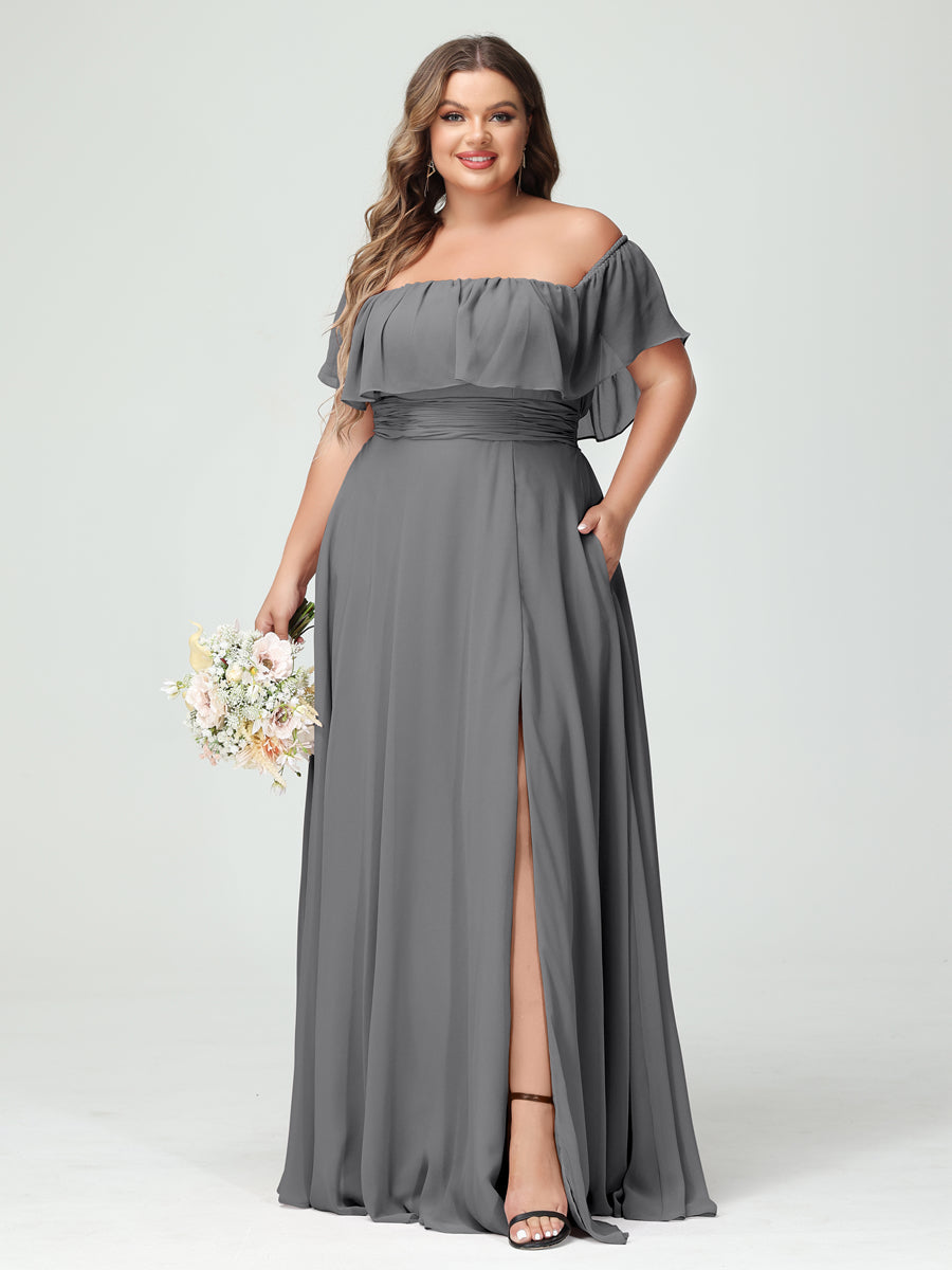 Plus Size Chiffon Bridesmaid Dress with Pockets, A-Line/Princess Cut, Off-the-Shoulder Short Sleeves & Side Split-BMbridal.UK