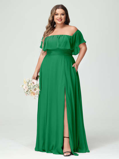 Plus Size Chiffon Bridesmaid Dress with Pockets, A-Line/Princess Cut, Off-the-Shoulder Short Sleeves & Side Split-BMbridal.UK