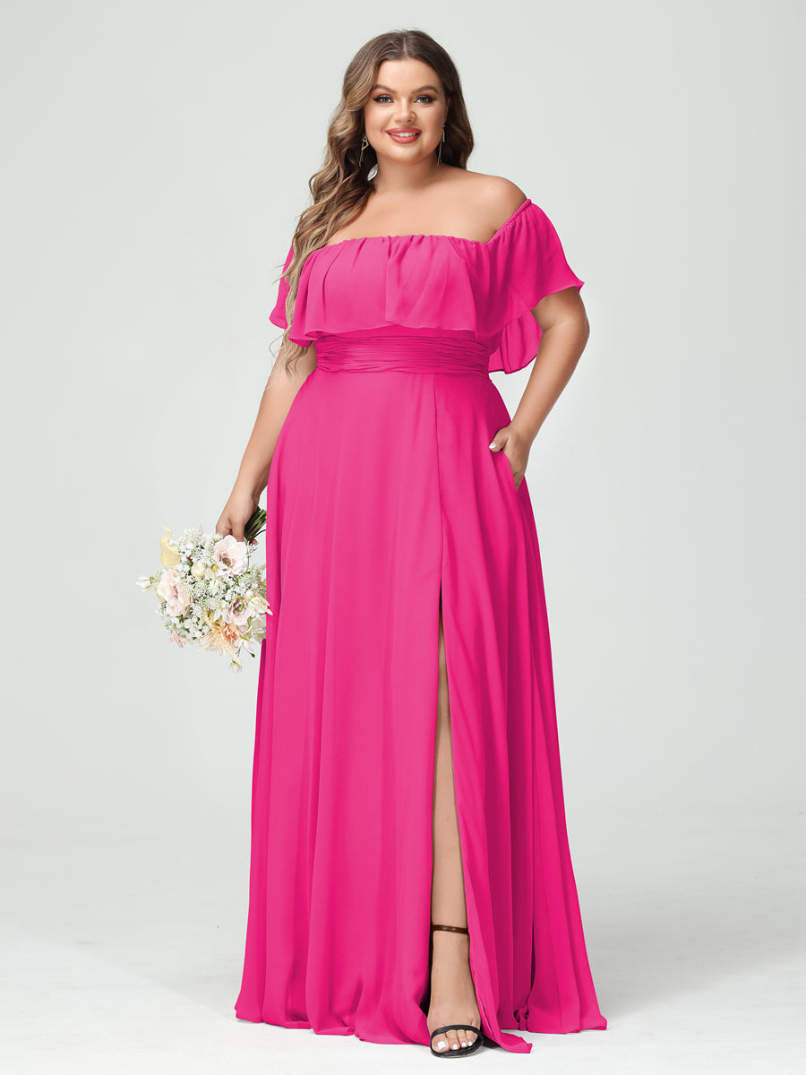 Plus Size Chiffon Bridesmaid Dress with Pockets, A-Line/Princess Cut, Off-the-Shoulder Short Sleeves & Side Split-BMbridal.UK