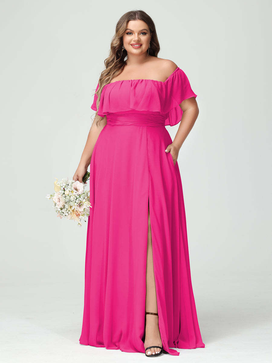 Plus Size Chiffon Bridesmaid Dress with Pockets, A-Line/Princess Cut, Off-the-Shoulder Short Sleeves & Side Split-BMbridal.UK