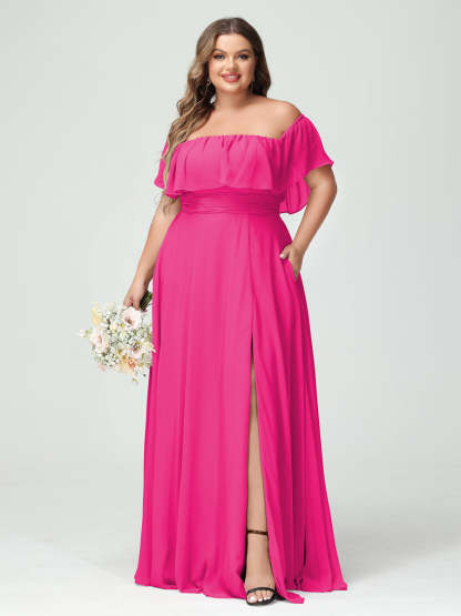 Plus Size Chiffon Bridesmaid Dress with Pockets, A-Line/Princess Cut, Off-the-Shoulder Short Sleeves & Side Split-BMbridal.UK
