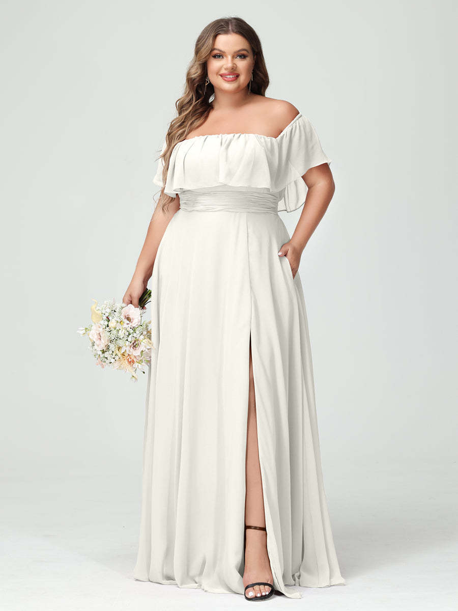Plus Size Chiffon Bridesmaid Dress with Pockets, A-Line/Princess Cut, Off-the-Shoulder Short Sleeves & Side Split-BMbridal.UK
