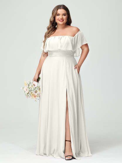 Plus Size Chiffon Bridesmaid Dress with Pockets, A-Line/Princess Cut, Off-the-Shoulder Short Sleeves & Side Split-BMbridal.UK