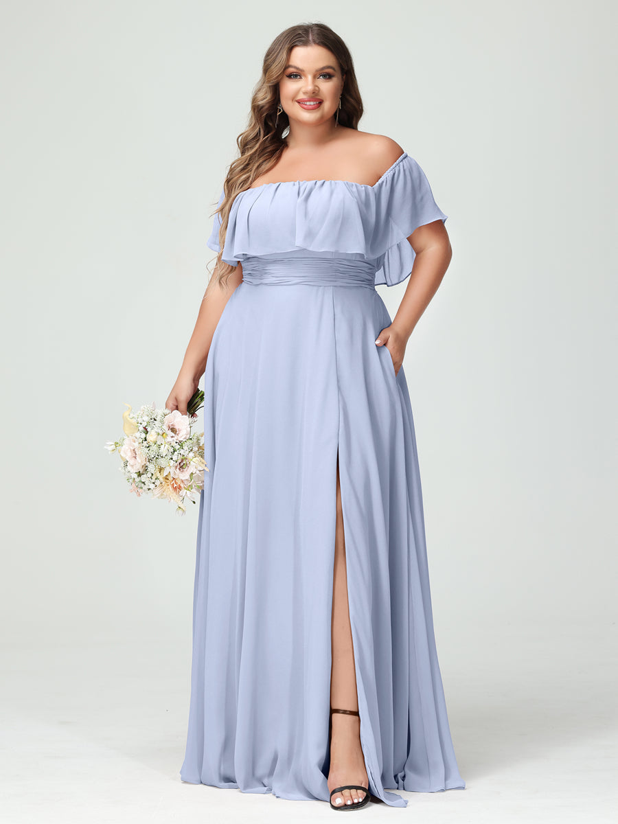 Plus Size Chiffon Bridesmaid Dress with Pockets, A-Line/Princess Cut, Off-the-Shoulder Short Sleeves & Side Split-BMbridal.UK
