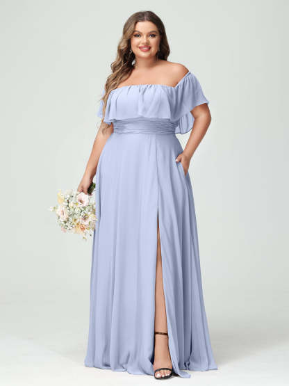 Plus Size Chiffon Bridesmaid Dress with Pockets, A-Line/Princess Cut, Off-the-Shoulder Short Sleeves & Side Split-BMbridal.UK