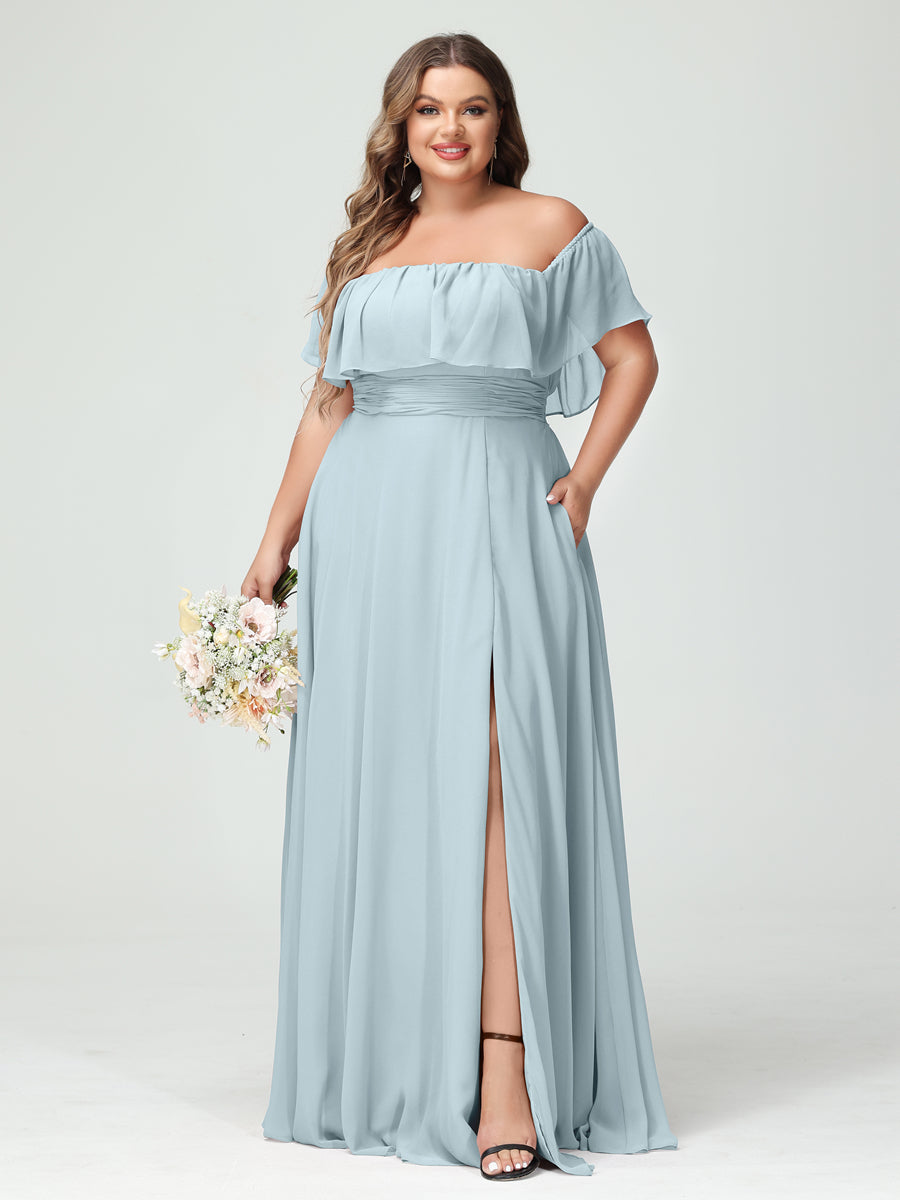 Plus Size Chiffon Bridesmaid Dress with Pockets, A-Line/Princess Cut, Off-the-Shoulder Short Sleeves & Side Split-BMbridal.UK