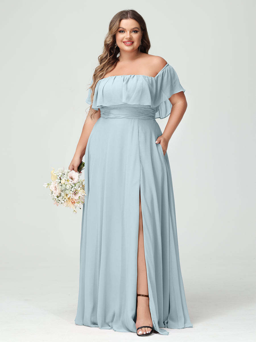 Plus Size Chiffon Bridesmaid Dress with Pockets, A-Line/Princess Cut, Off-the-Shoulder Short Sleeves & Side Split-BMbridal.UK