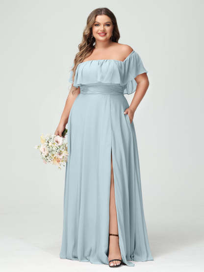 Plus Size Chiffon Bridesmaid Dress with Pockets, A-Line/Princess Cut, Off-the-Shoulder Short Sleeves & Side Split-BMbridal.UK