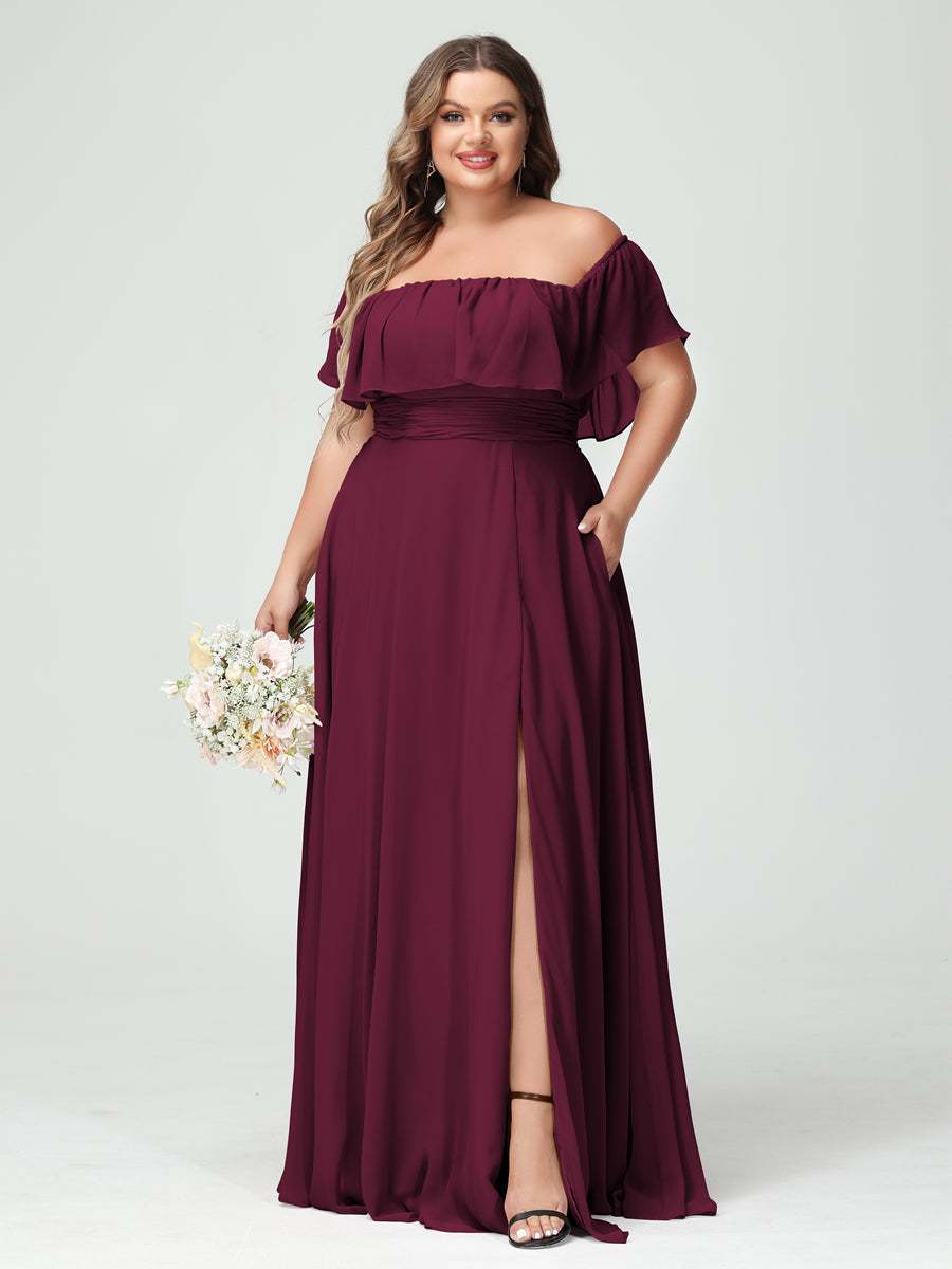 Plus Size Chiffon Bridesmaid Dress with Pockets, A-Line/Princess Cut, Off-the-Shoulder Short Sleeves & Side Split-BMbridal.UK