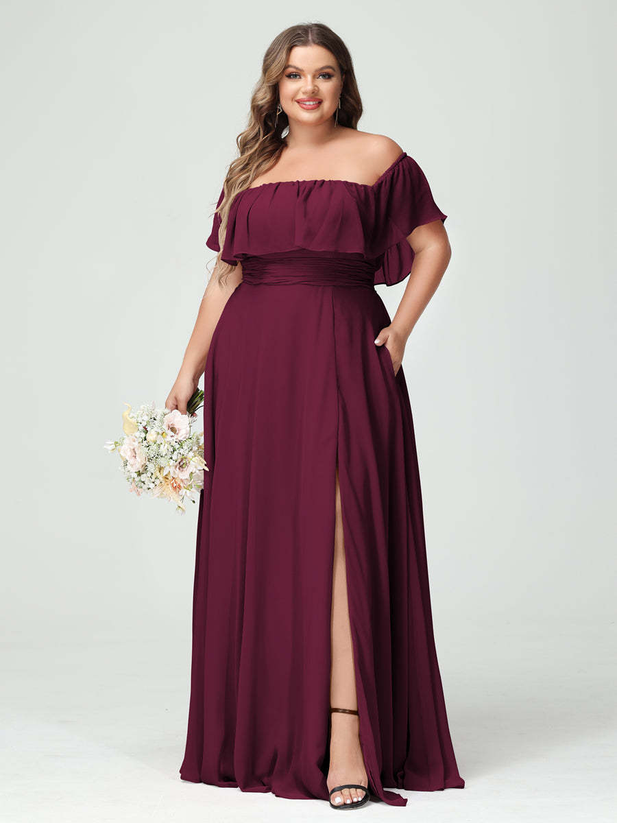 Plus Size Chiffon Bridesmaid Dress with Pockets, A-Line/Princess Cut, Off-the-Shoulder Short Sleeves & Side Split-BMbridal.UK