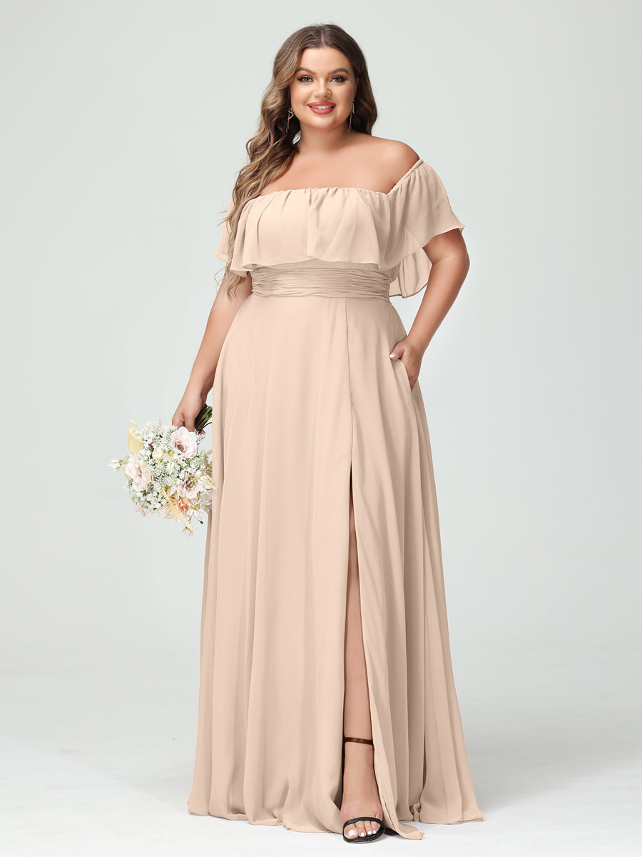 Plus Size Chiffon Bridesmaid Dress with Pockets, A-Line/Princess Cut, Off-the-Shoulder Short Sleeves & Side Split-BMbridal.UK