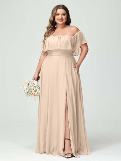 Plus Size Chiffon Bridesmaid Dress with Pockets, A-Line/Princess Cut, Off-the-Shoulder Short Sleeves & Side Split-BMbridal.UK