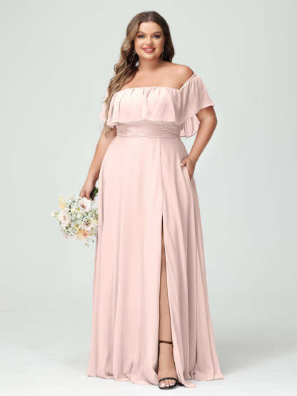 Plus Size Chiffon Bridesmaid Dress with Pockets, A-Line/Princess Cut, Off-the-Shoulder Short Sleeves & Side Split-BMbridal.UK