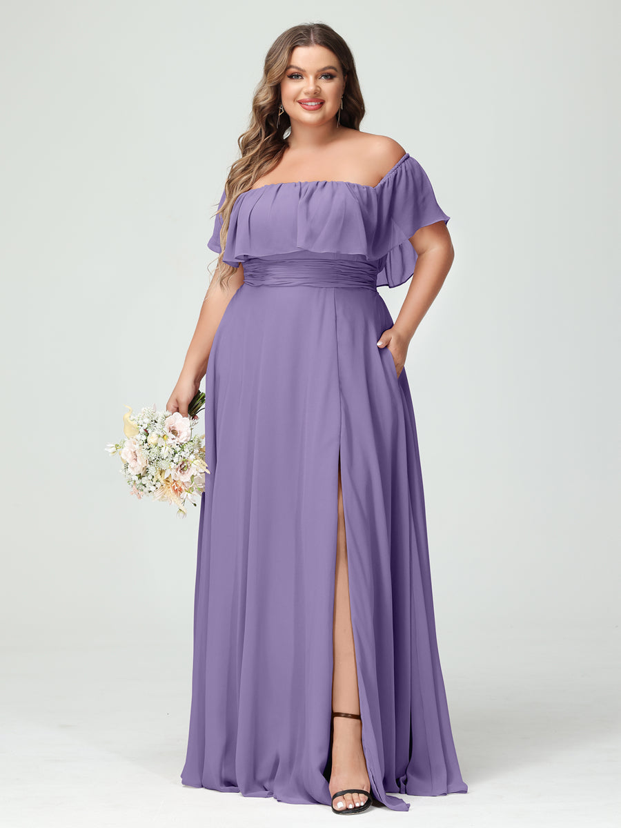Plus Size Chiffon Bridesmaid Dress with Pockets, A-Line/Princess Cut, Off-the-Shoulder Short Sleeves & Side Split-BMbridal.UK