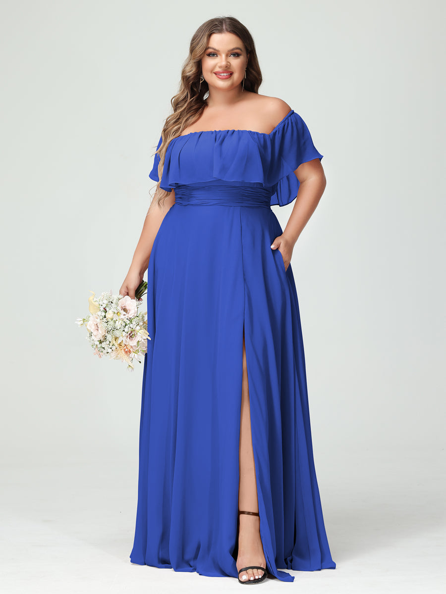 Plus Size Chiffon Bridesmaid Dress with Pockets, A-Line/Princess Cut, Off-the-Shoulder Short Sleeves & Side Split-BMbridal.UK