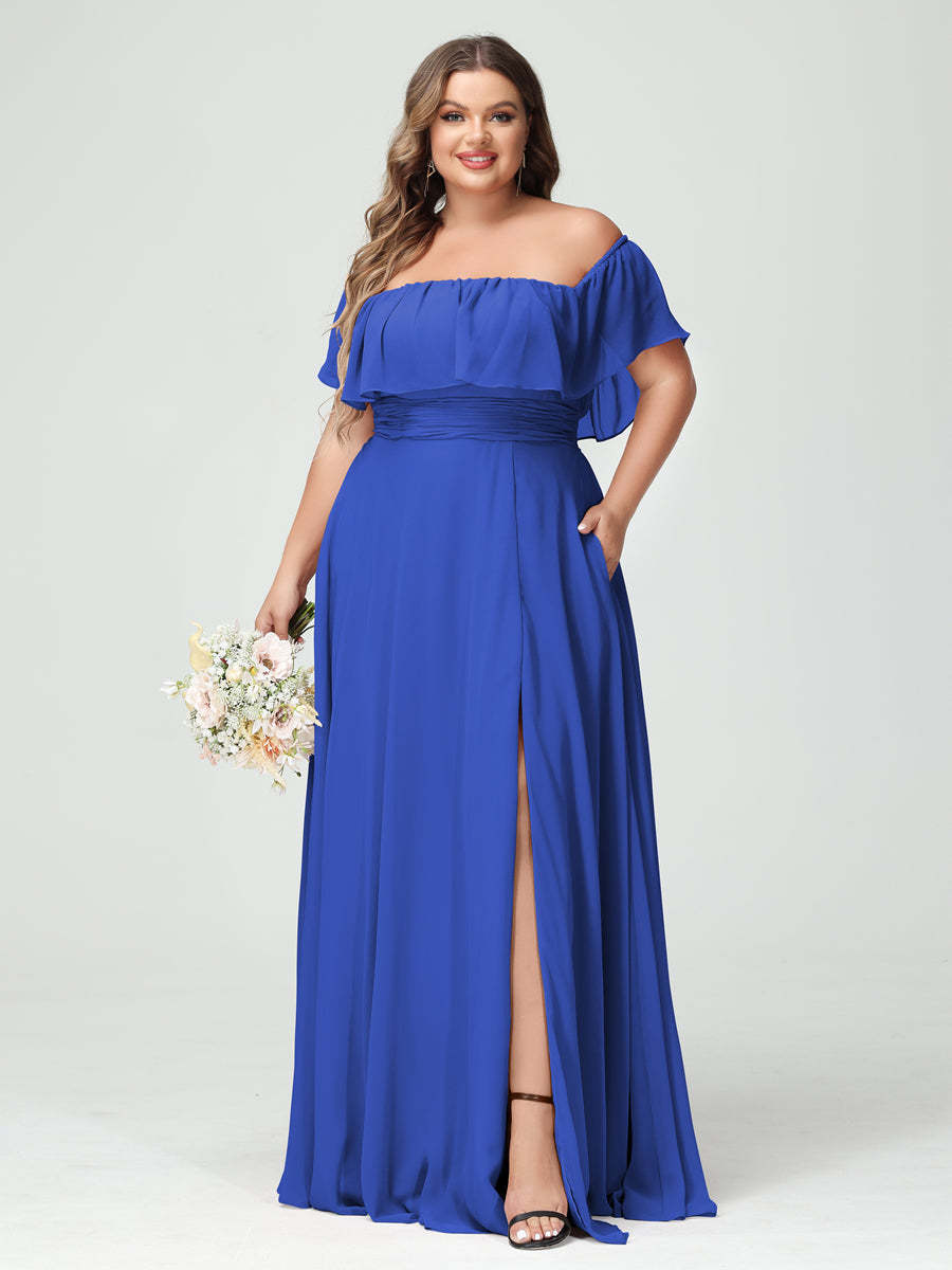 Plus Size Chiffon Bridesmaid Dress with Pockets, A-Line/Princess Cut, Off-the-Shoulder Short Sleeves & Side Split-BMbridal.UK