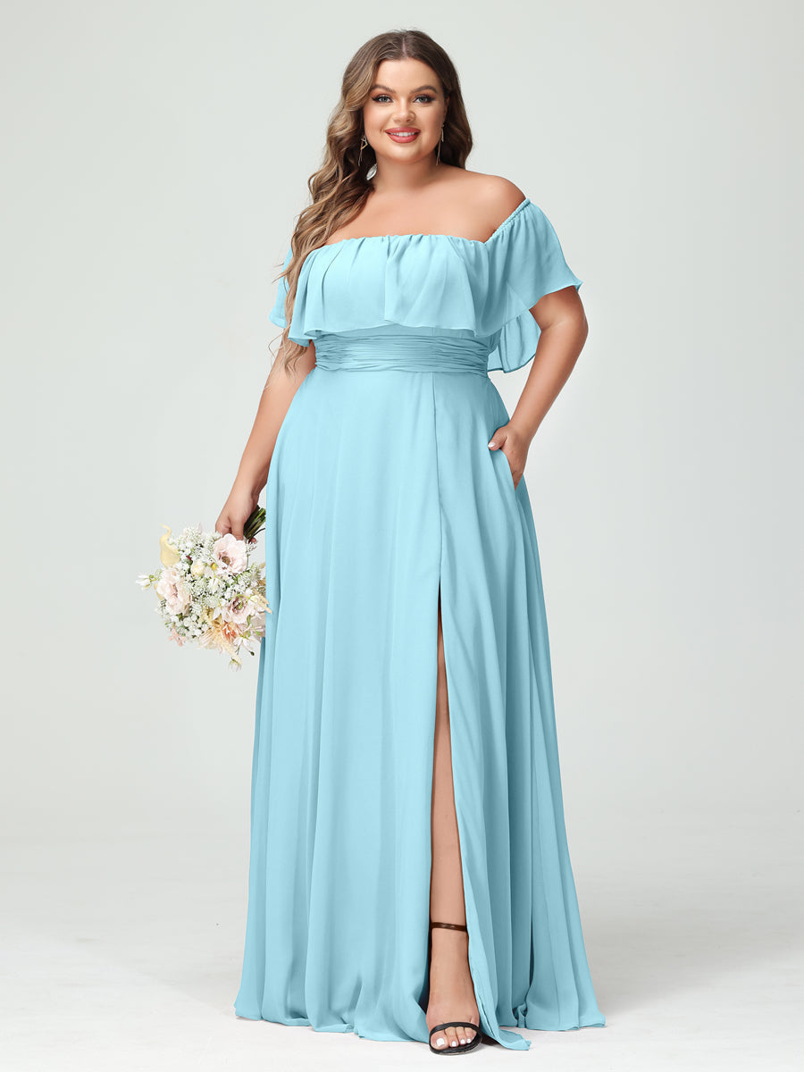 Plus Size Chiffon Bridesmaid Dress with Pockets, A-Line/Princess Cut, Off-the-Shoulder Short Sleeves & Side Split-BMbridal.UK