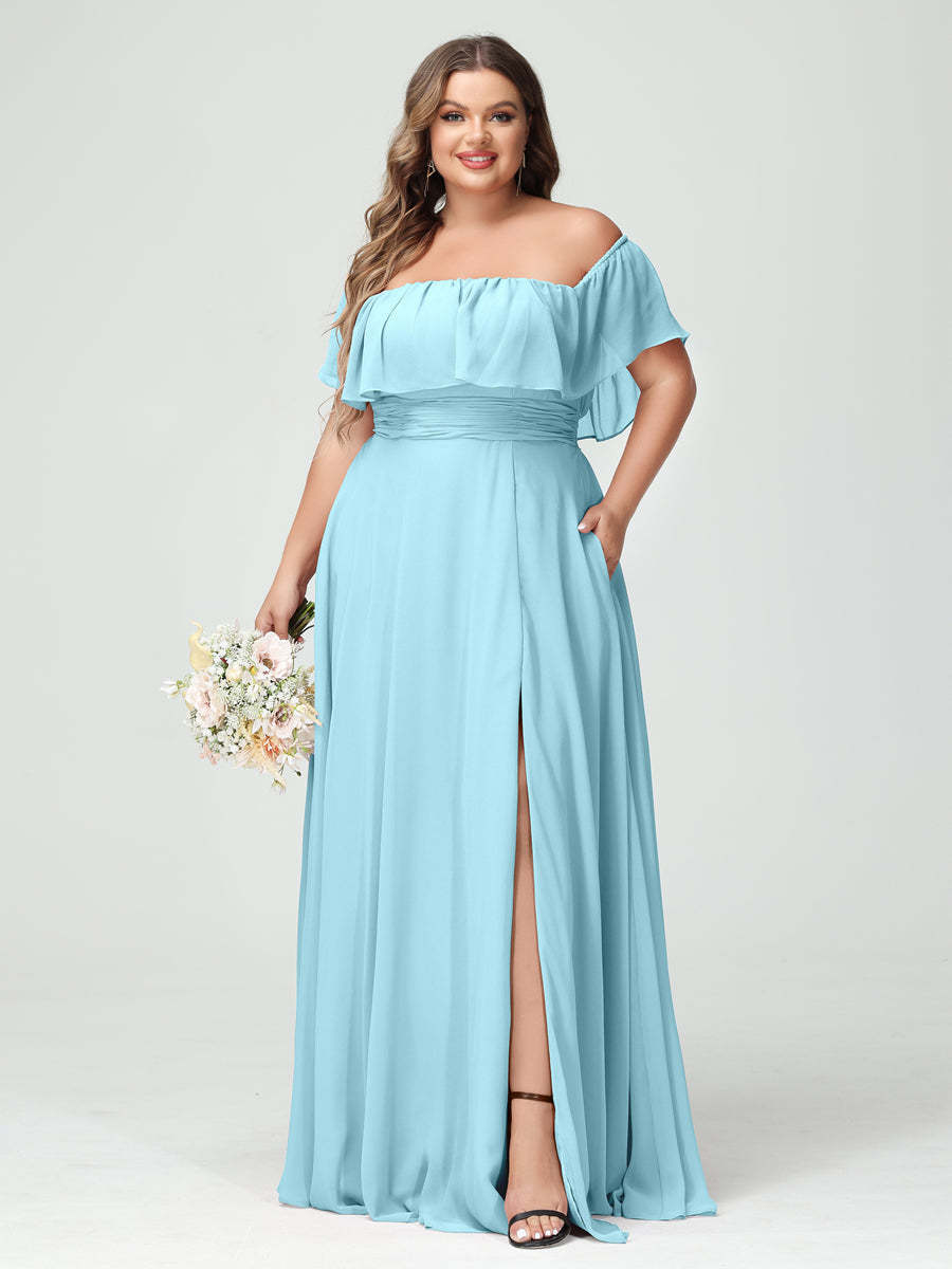 Plus Size Chiffon Bridesmaid Dress with Pockets, A-Line/Princess Cut, Off-the-Shoulder Short Sleeves & Side Split-BMbridal.UK