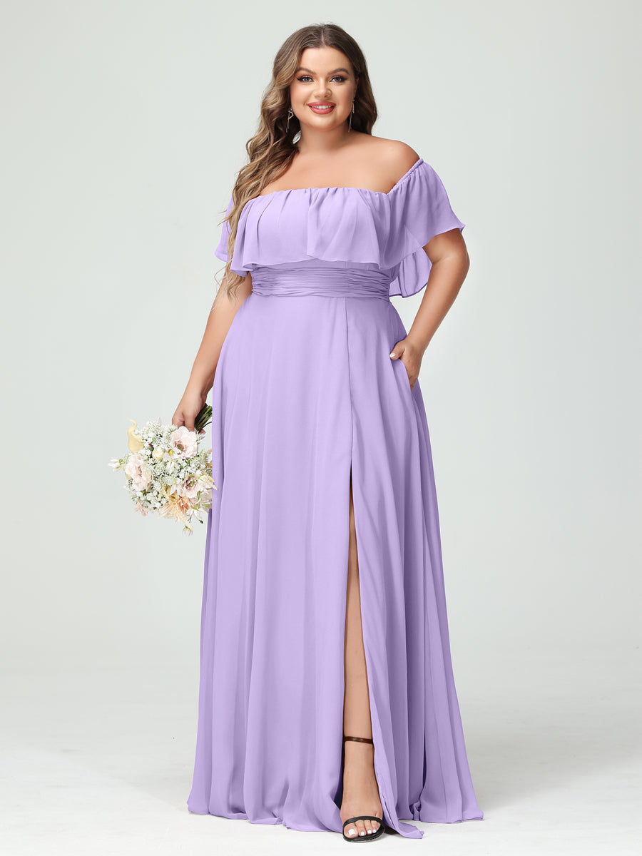 Plus Size Chiffon Bridesmaid Dress with Pockets, A-Line/Princess Cut, Off-the-Shoulder Short Sleeves & Side Split-BMbridal.UK