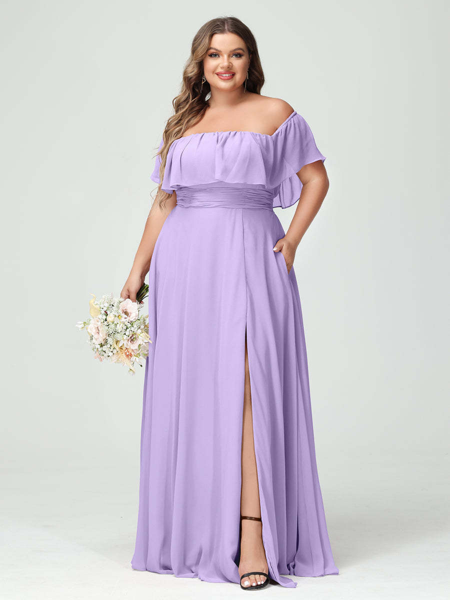 Plus Size Chiffon Bridesmaid Dress with Pockets, A-Line/Princess Cut, Off-the-Shoulder Short Sleeves & Side Split-BMbridal.UK