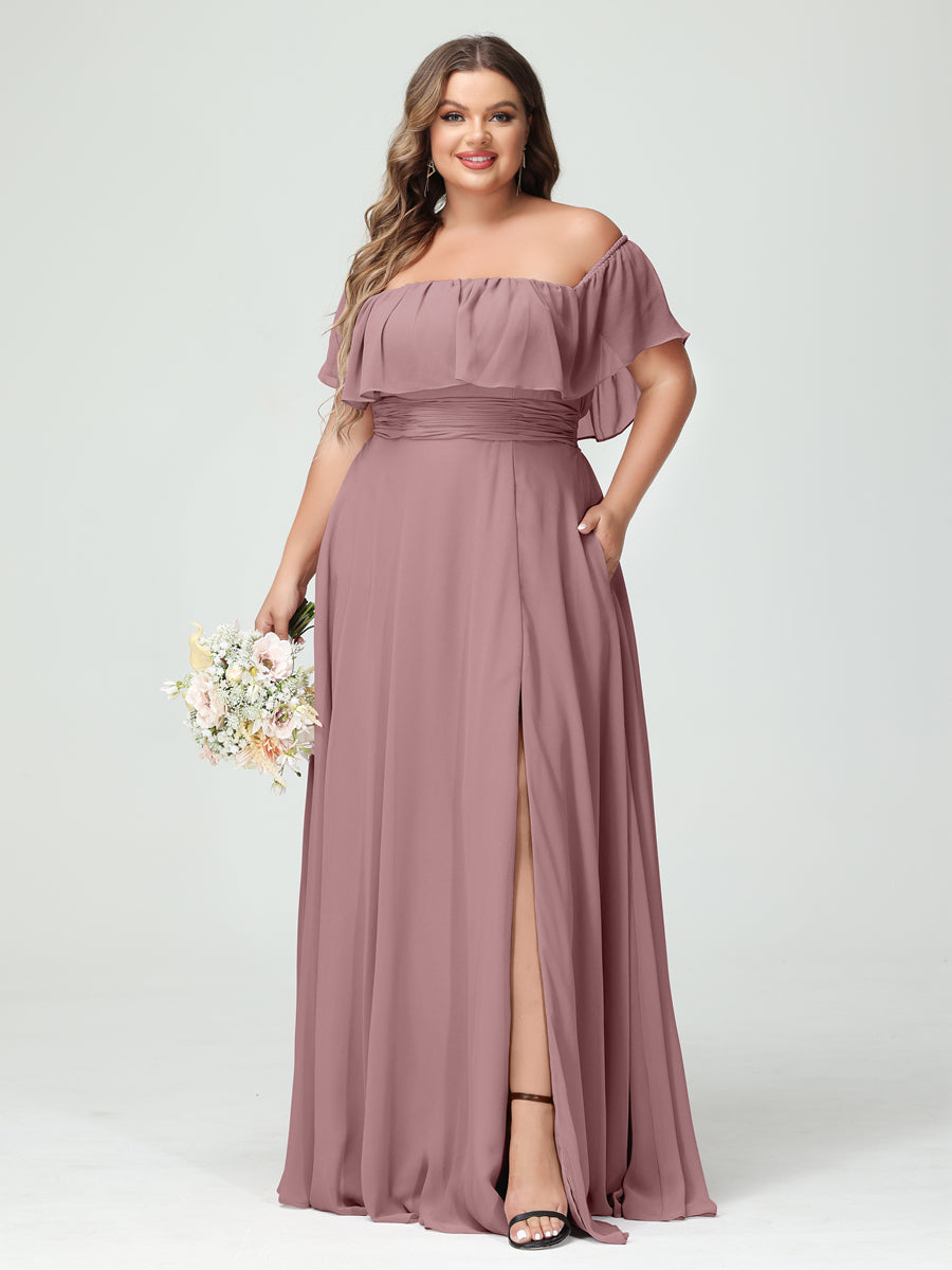 Plus Size Chiffon Bridesmaid Dress with Pockets, A-Line/Princess Cut, Off-the-Shoulder Short Sleeves & Side Split-BMbridal.UK