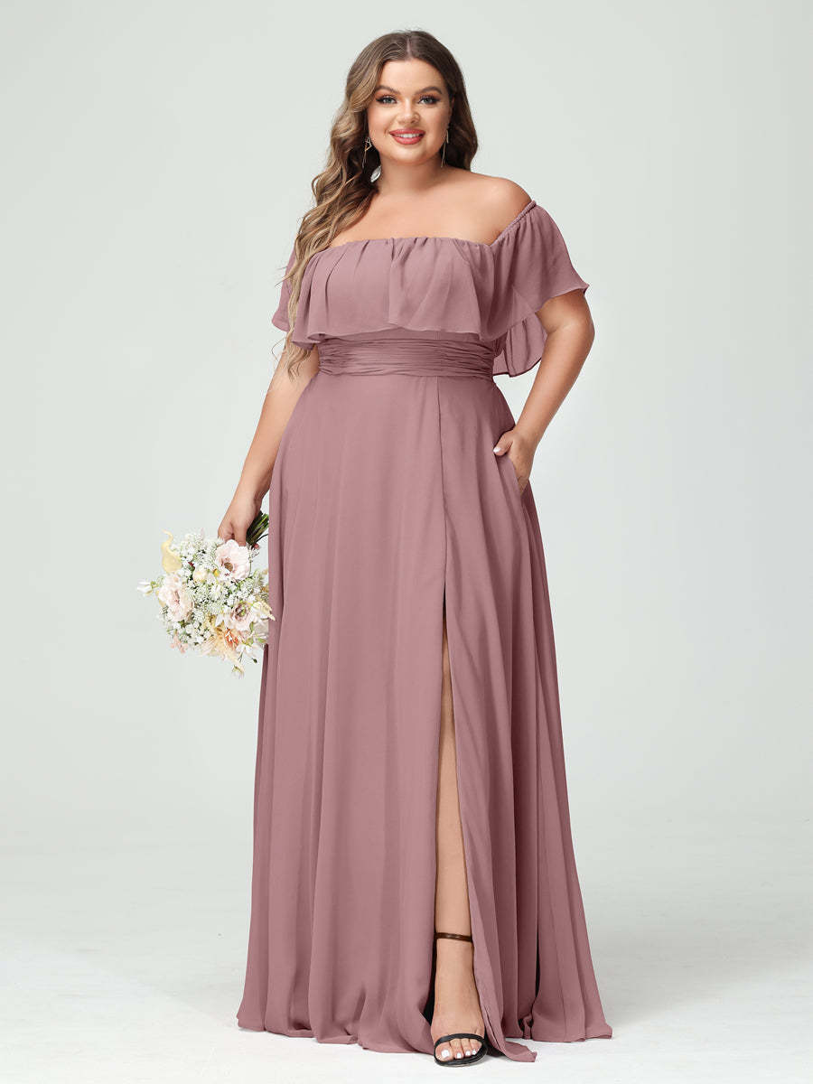 Plus Size Chiffon Bridesmaid Dress with Pockets, A-Line/Princess Cut, Off-the-Shoulder Short Sleeves & Side Split-BMbridal.UK
