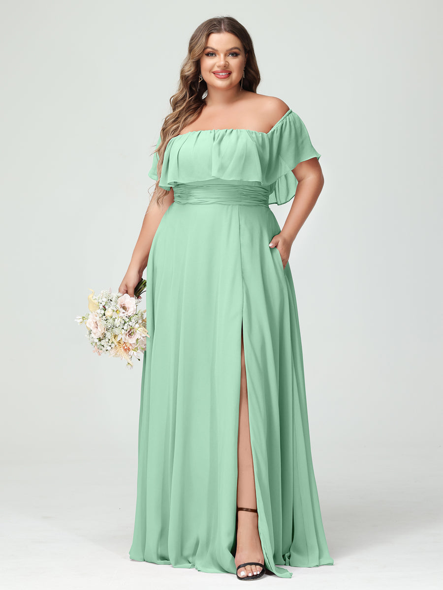 Plus Size Chiffon Bridesmaid Dress with Pockets, A-Line/Princess Cut, Off-the-Shoulder Short Sleeves & Side Split-BMbridal.UK